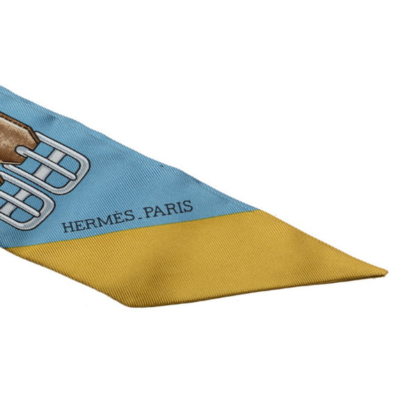 HERMES Twilly Bowtie Suspender Scarf Muffler Light Blue Multicolor Silk Women's - Picture 2 of 5